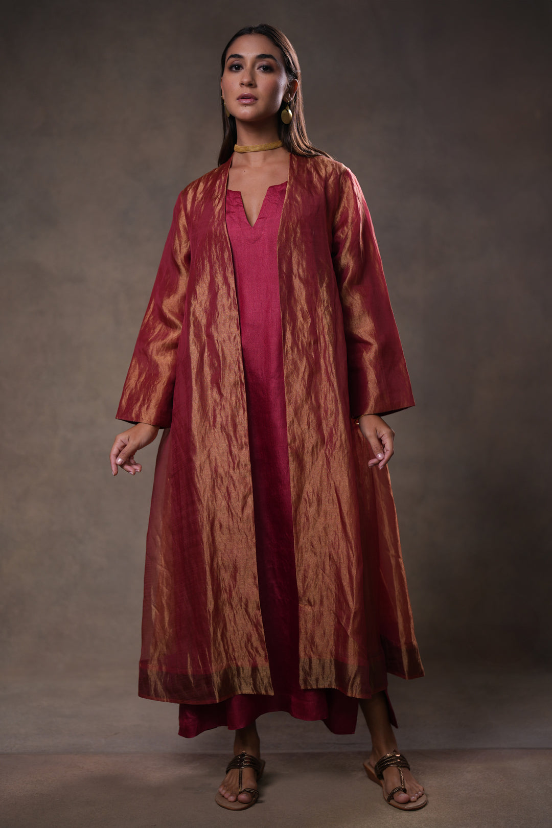 Maroon/Gold Tissue Jacket with Cotton Silk Slip
