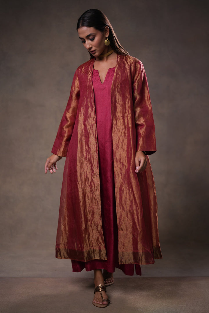 Maroon Tissue Jacket with Cotton Silk Slip
