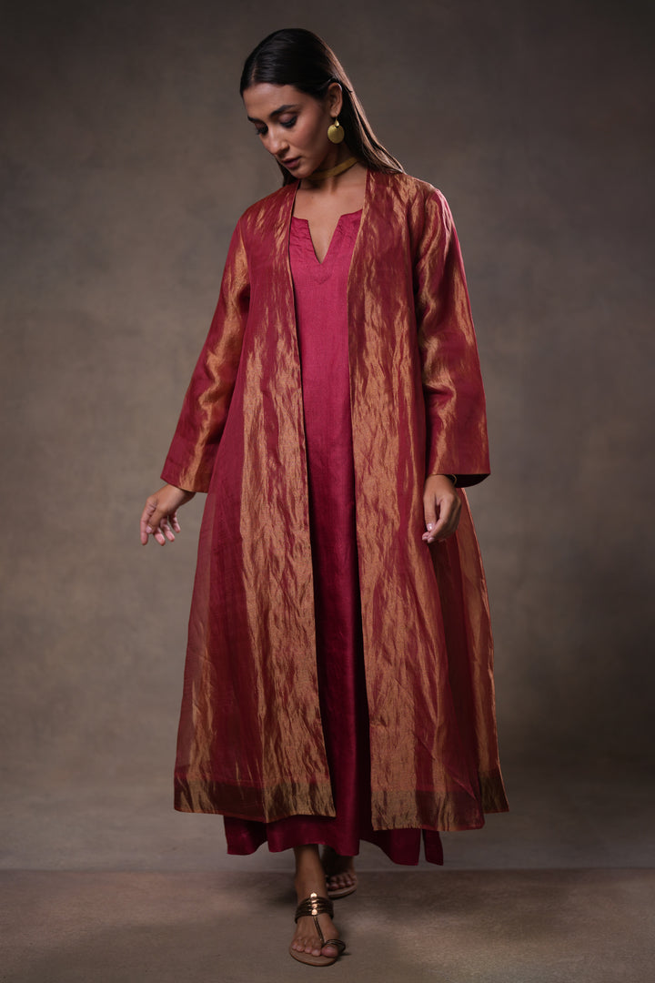 Maroon/Gold Tissue Jacket with Cotton Silk Slip