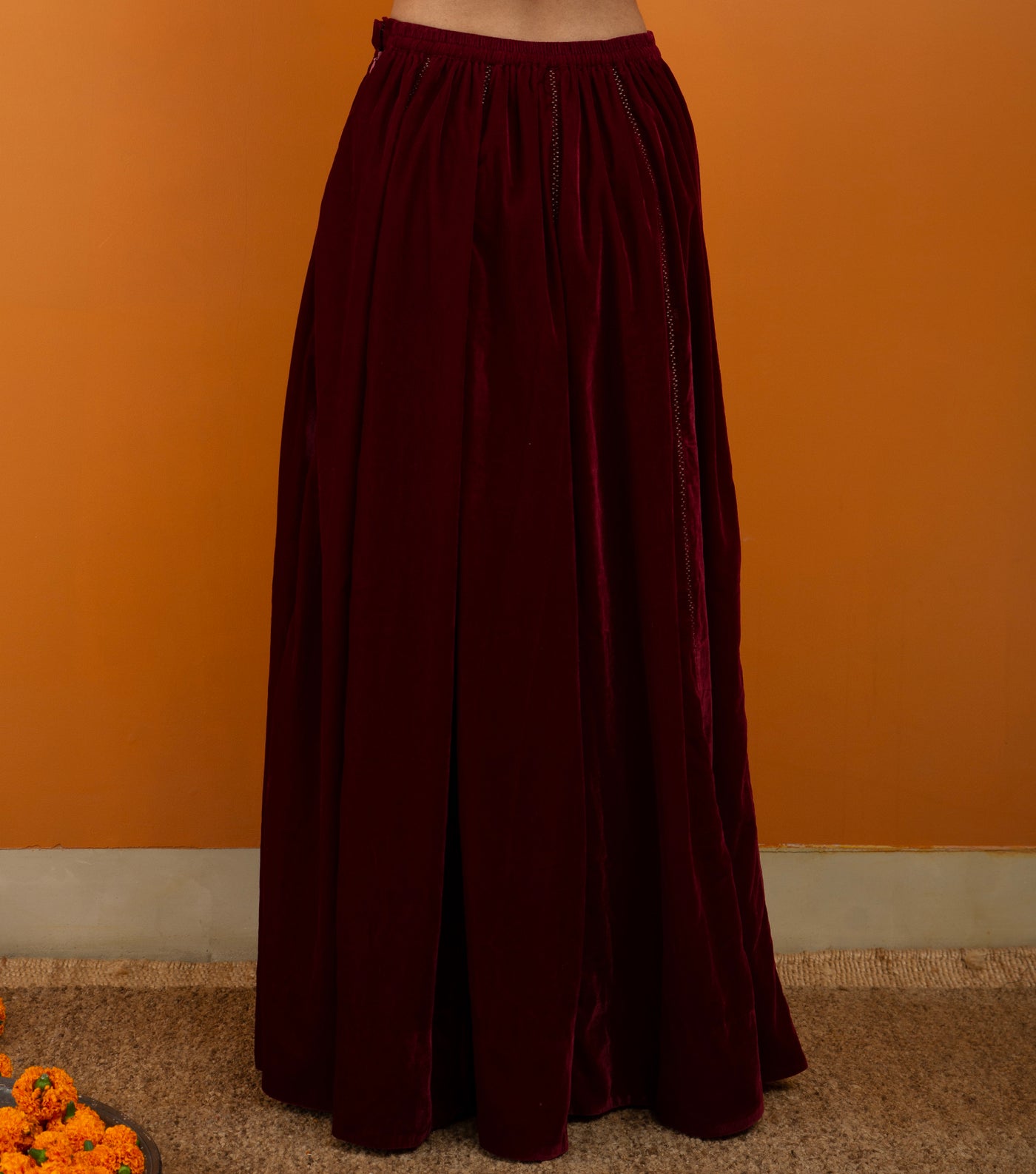 Maroon Zari Embroidered Velvet Skirt