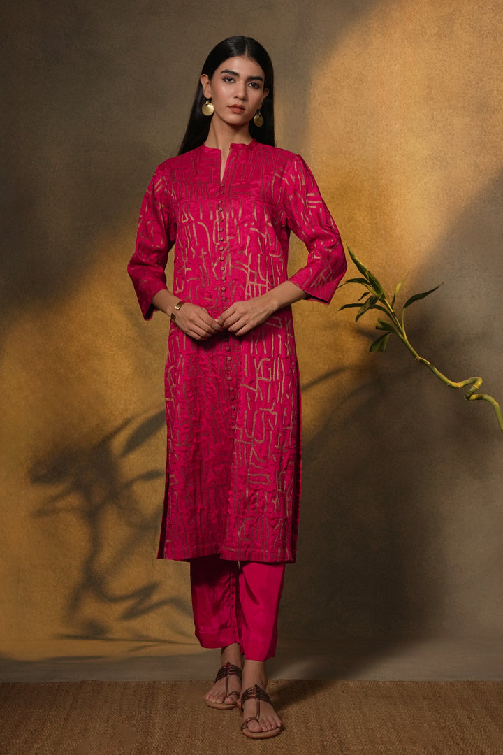 Hot Pink Patch Work Embroidered Silk Kurta with Pants