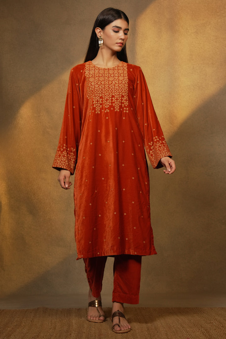 Orange Velvet Kurta with Pants and Tissue Dupatta