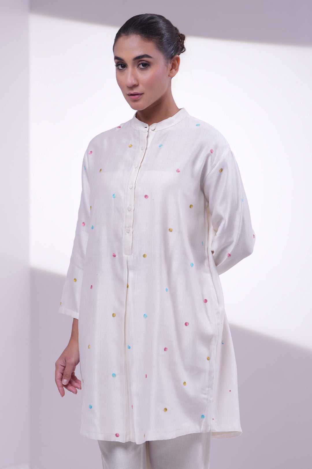 Natural Polka Embroidered Long Chanderi Shirt