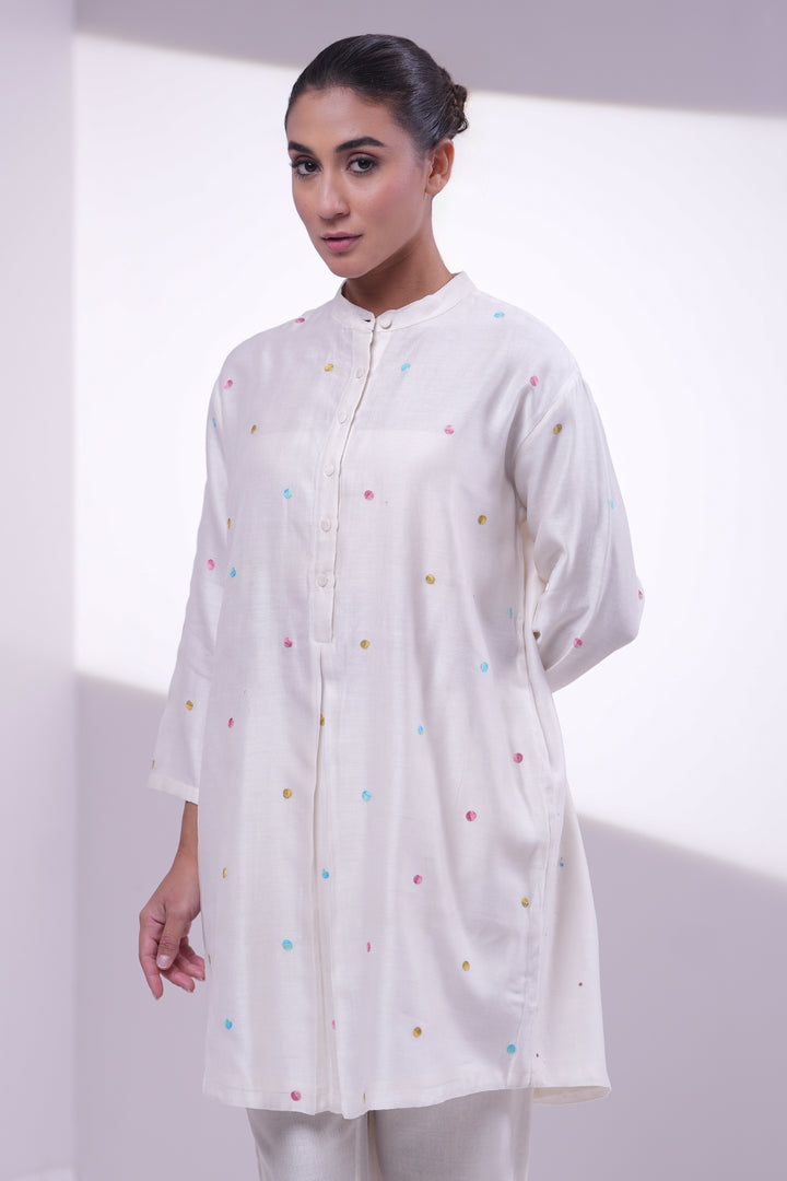 Natural Polka Embroidered Long Chanderi Shirt