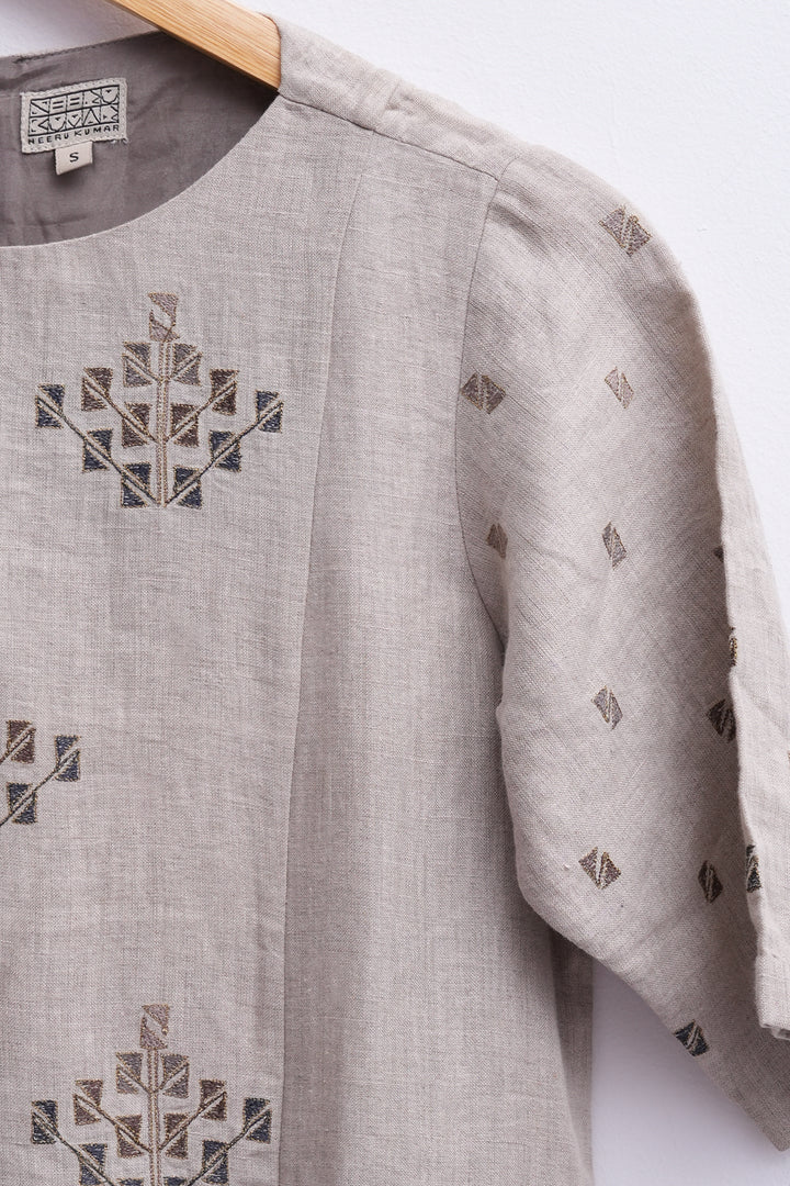 Beige Cotton Linen Embroidered Kurta