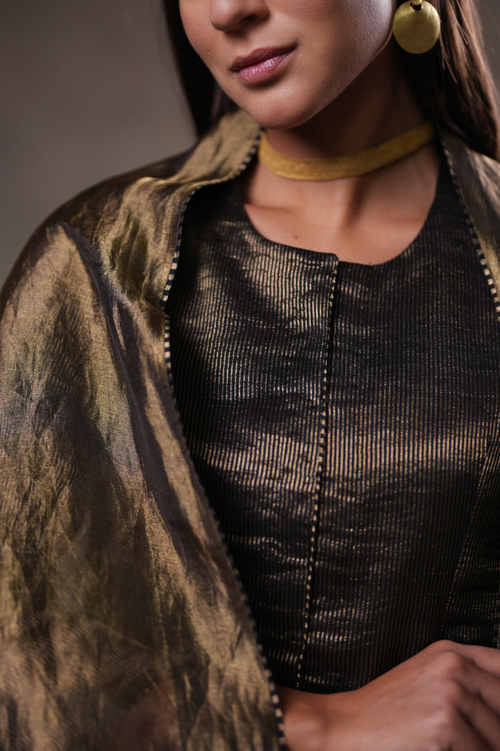 Black Stripe Tissue Blouse with Lehenga and Dupatta