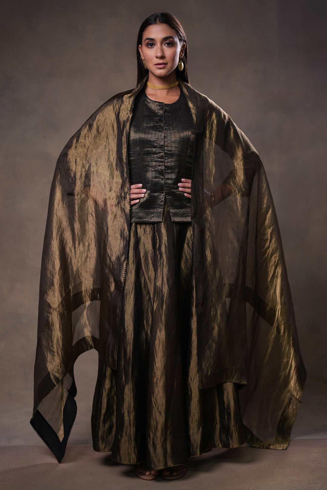 Black Stripe Tissue Blouse with Lehenga and Dupatta