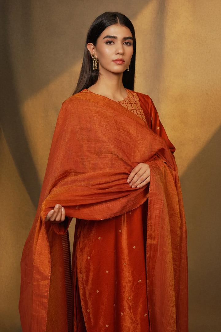 Orange Velvet Kurta with Pants and Tissue Dupatta