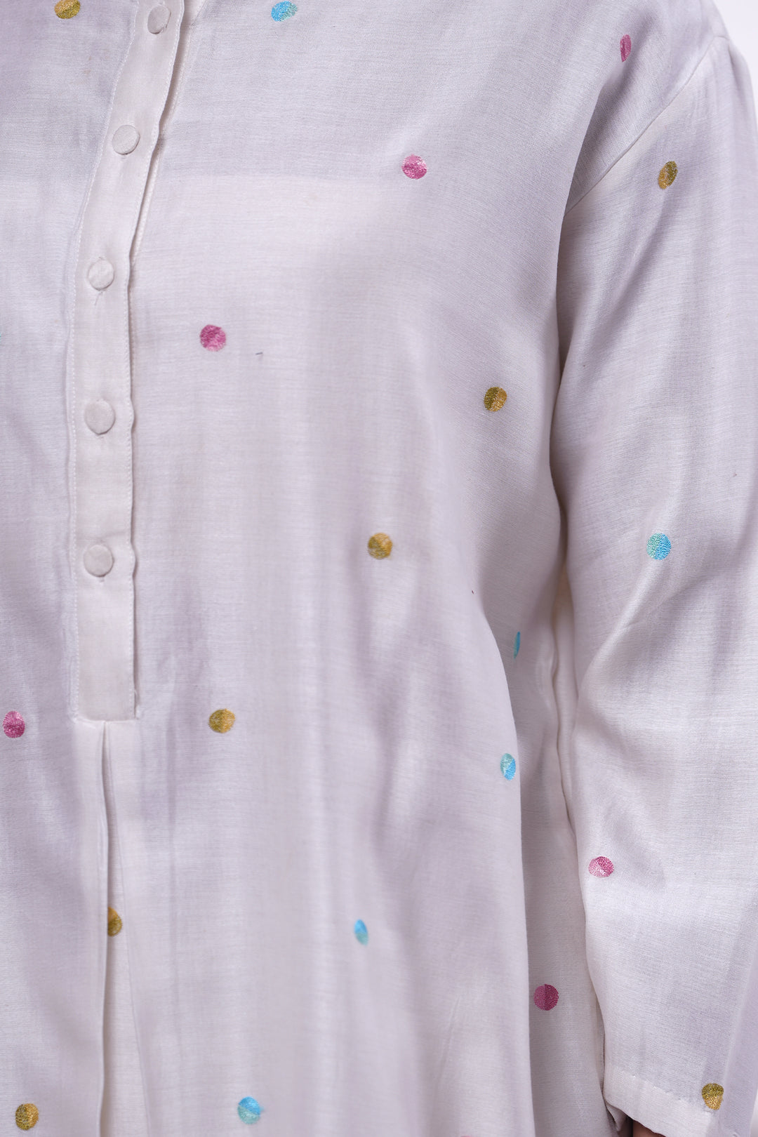 Natural Polka Embroidered Long Chanderi Shirt