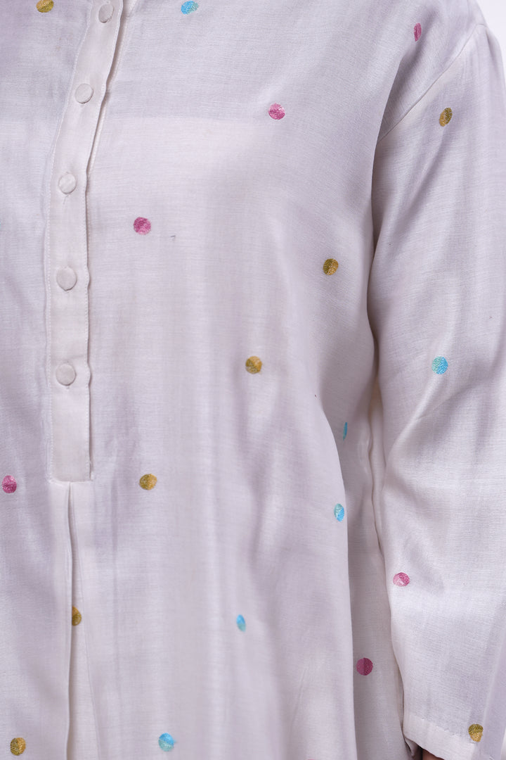 Natural Polka Embroidered Long Chanderi Shirt