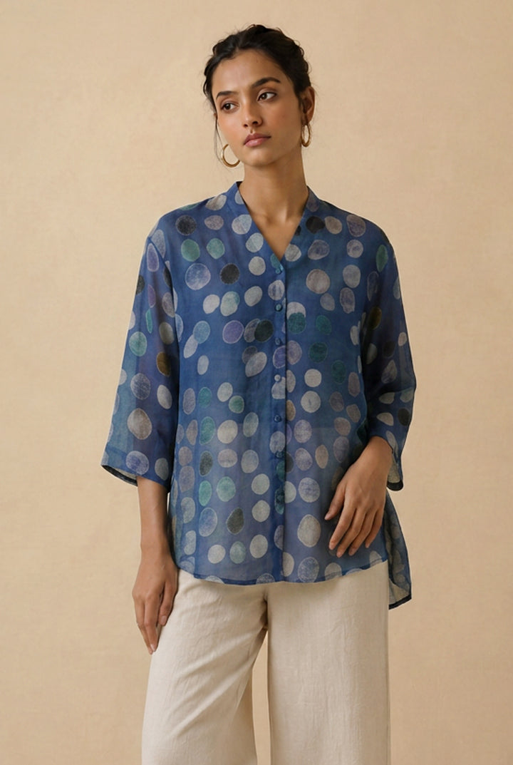 Indigo Polka Printed Cotton Oversized Shirt