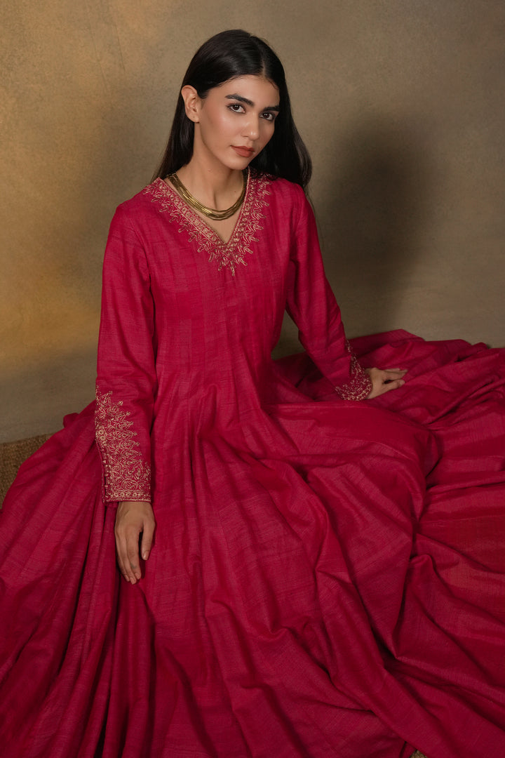 Hot Pink Hand Embroidered Tussar Silk Gown