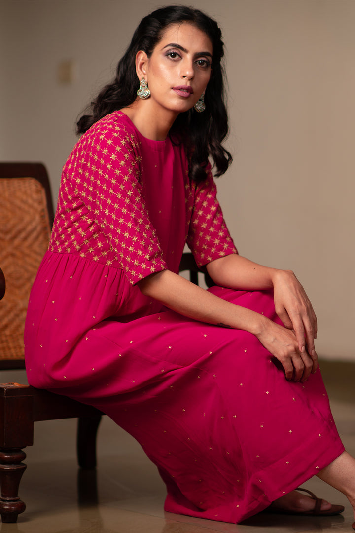 Dark Pink Embroidered Georgette Kurta & Cotton Churidaar Set