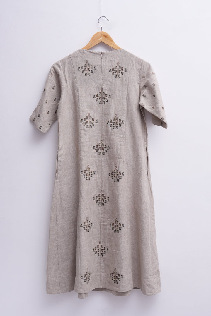 Beige Cotton Linen Embroidered Kurta