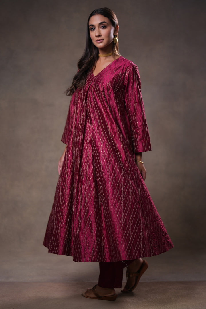 Magenta Hand Embroidered Silk Kurta with Pants