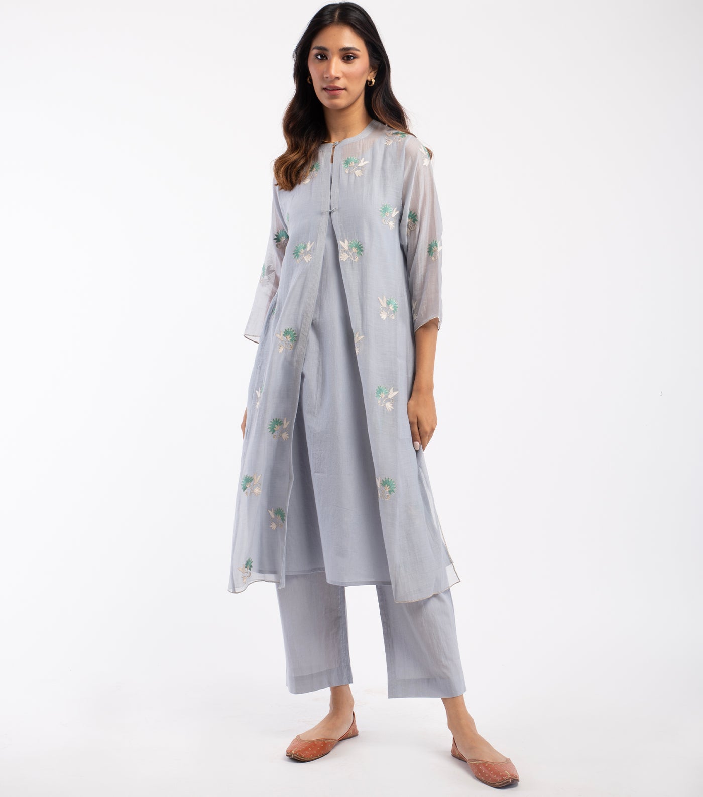 Powder Blue Embroidered Chanderi Cape & Palazzo Pants Set