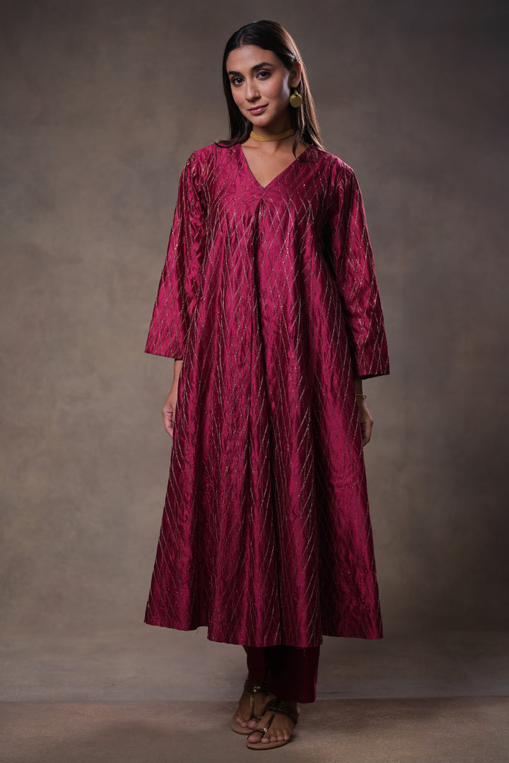 Magenta Hand Embroidered Silk Kurta with Pants