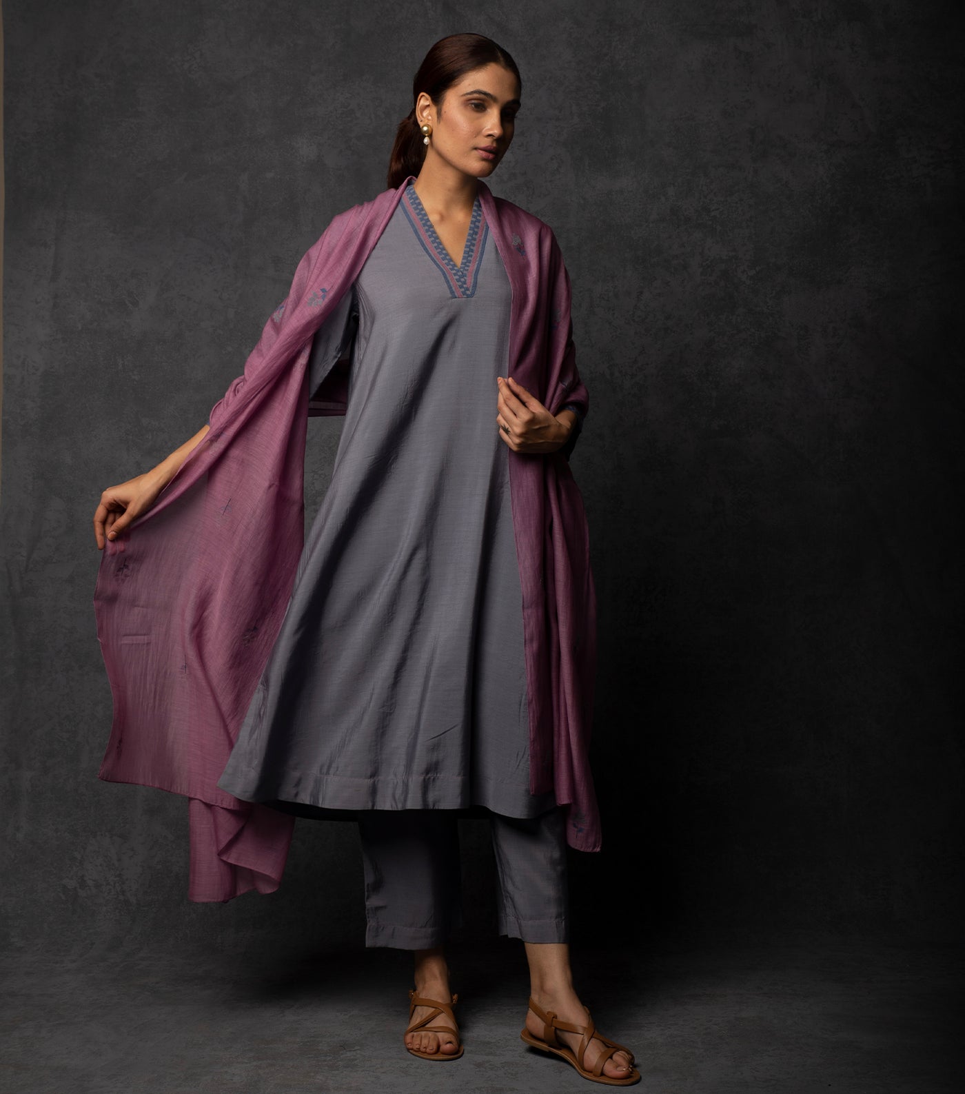 Earl grey embroidered chanderi suit set