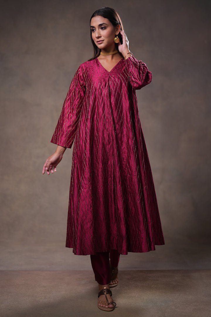 Magenta Hand Embroidered Silk Kurta with Pants