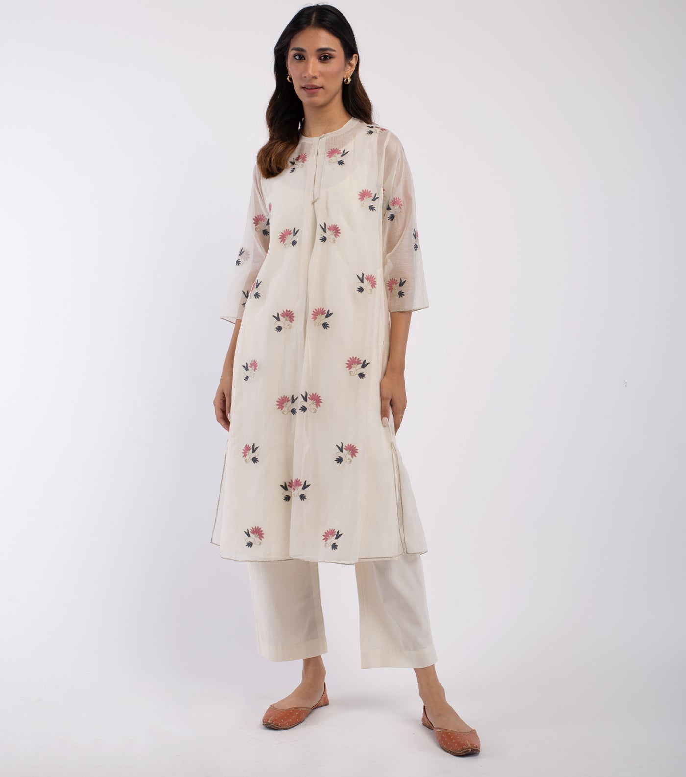 Ivory Embroidered Chanderi Cape & Palazzo Pants Set