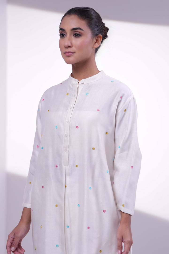Natural Polka Embroidered Long Chanderi Shirt