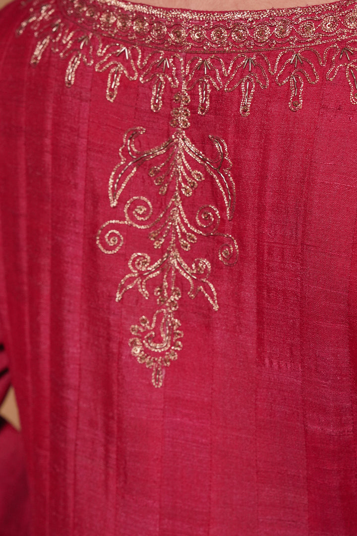 Hot Pink Hand Embroidered Tussar Silk Gown