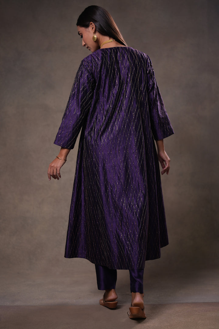 Purple Hand Embroidered Silk Kurta with Pants