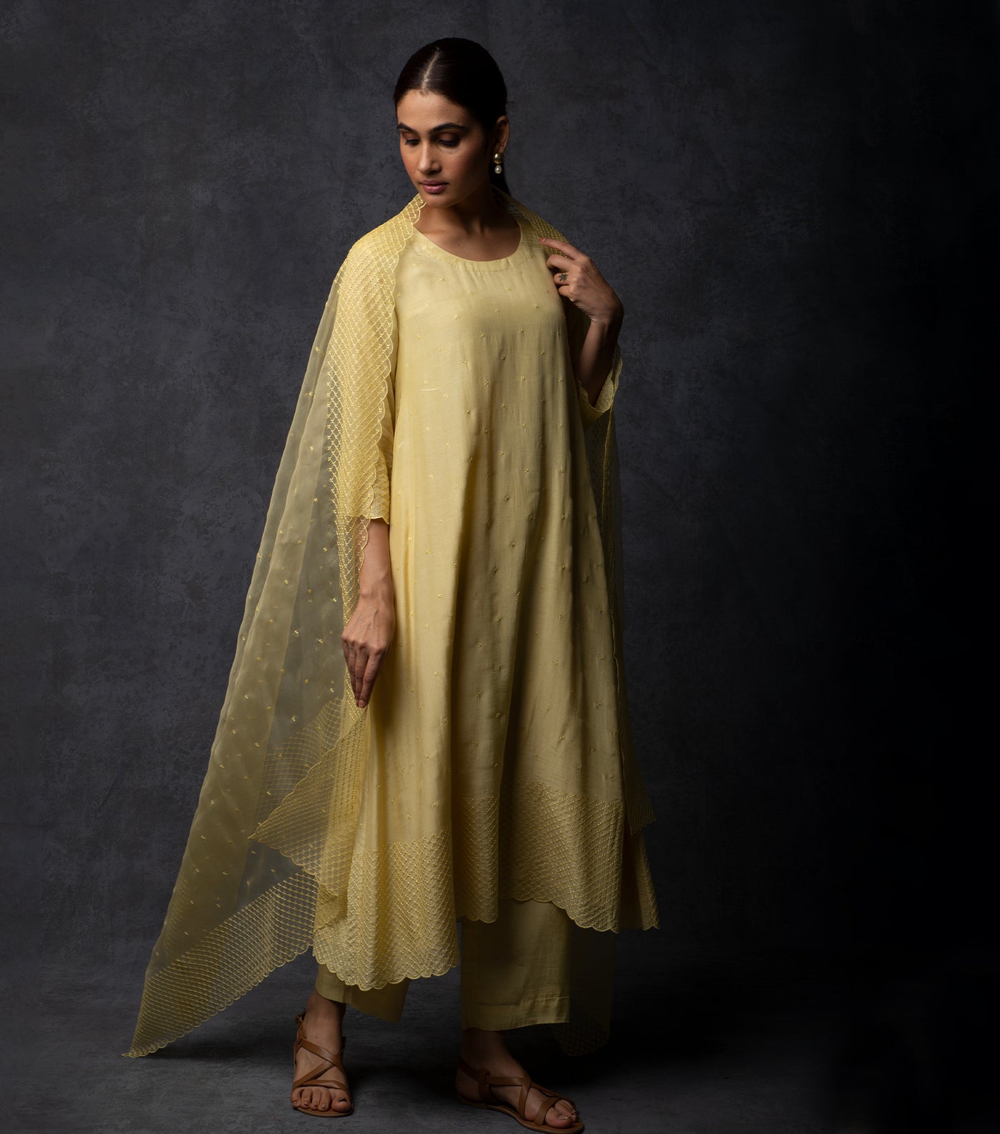 Light Yellow Thread Embroidered Suit Set