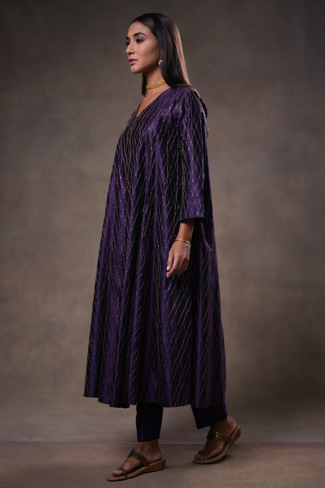 Purple Hand Embroidered Silk Kurta with Pants
