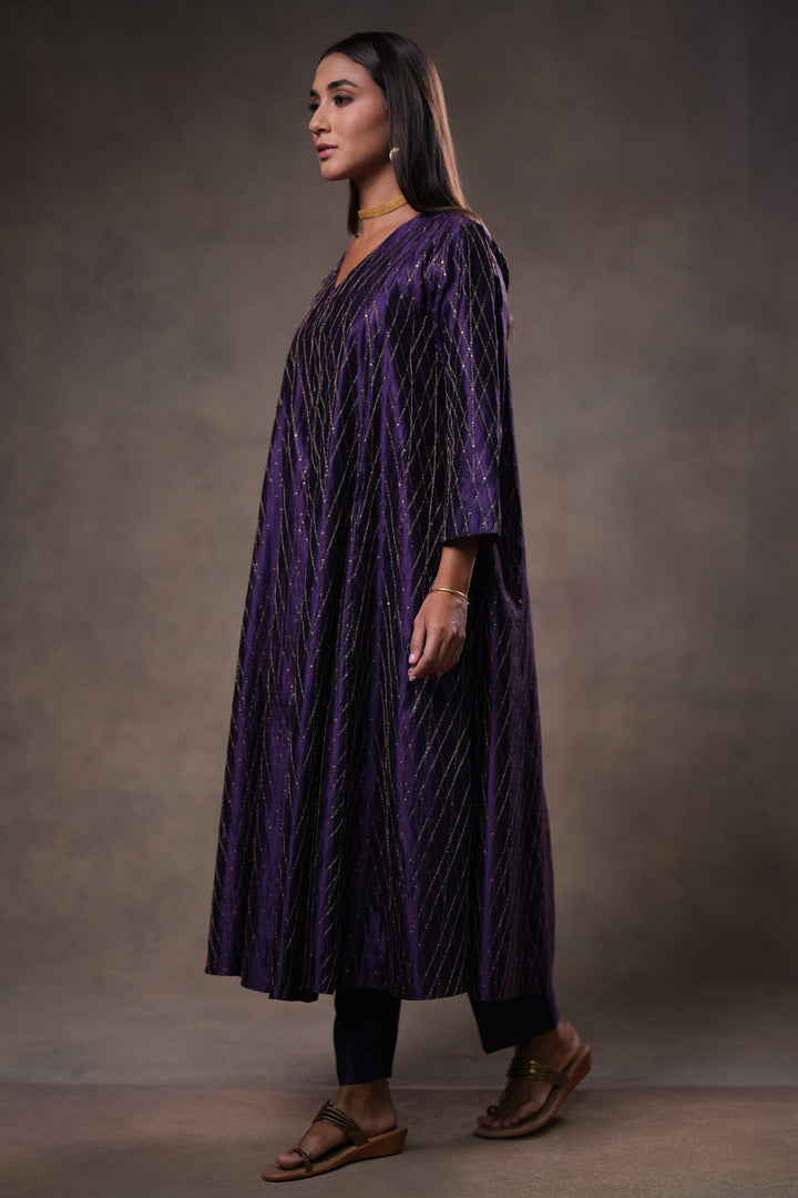 Purple Hand Embroidered Silk Kurta with Pants