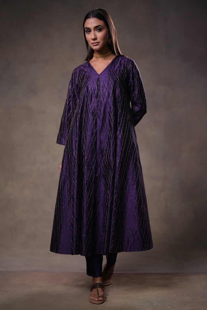 Purple Hand Embroidered Silk Kurta with Pants