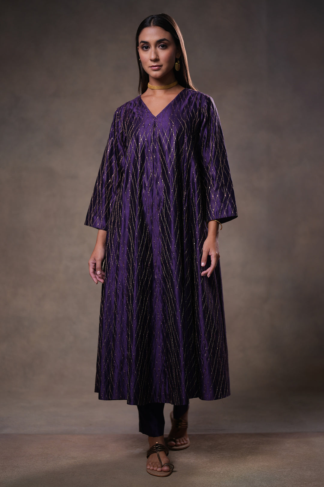 Purple Hand Embroidered Silk Kurta with Pants