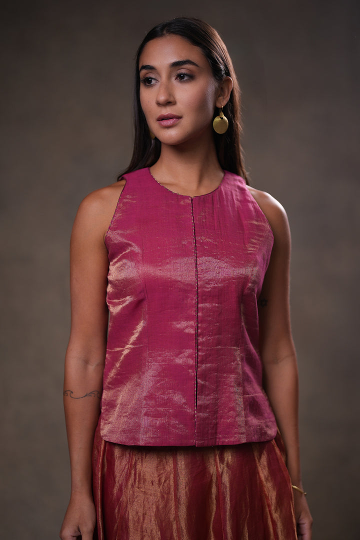 Maroon Stripe Tissue Blouse with Lehenga and Dupatta