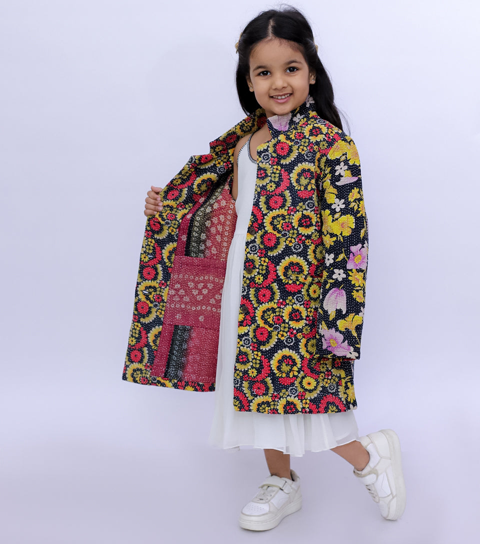 Multi Color Vintage Cotton Kantha Jacket For Kids