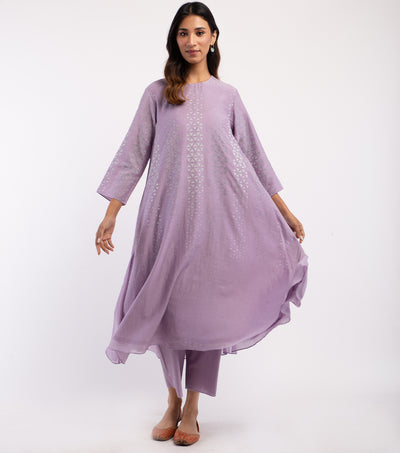 Lavender Embroidered Cotton Kurta & Palazzo Pants Set