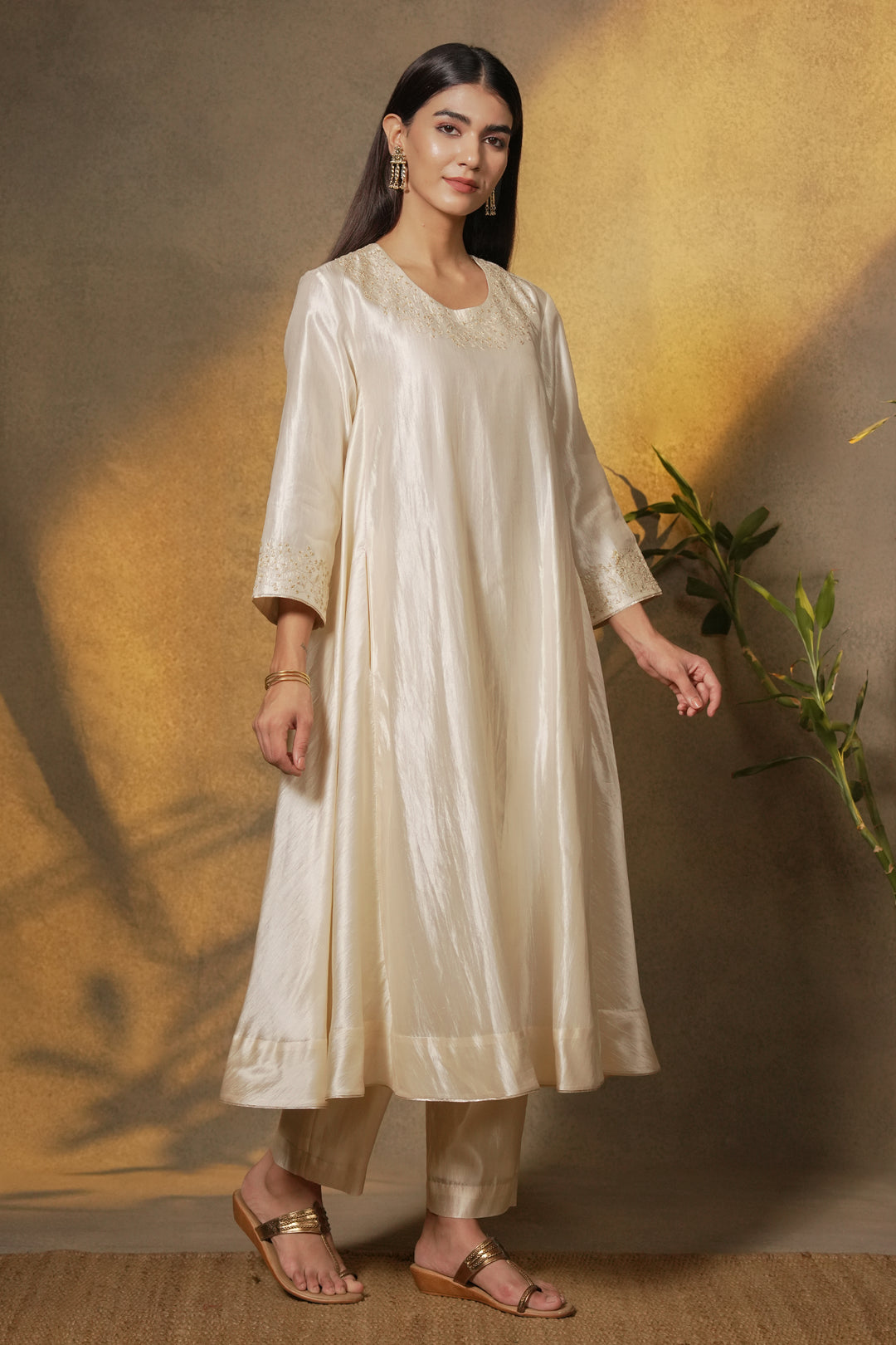 Natural Embroidered Silk Kurta with Pants and Organza Dupatta