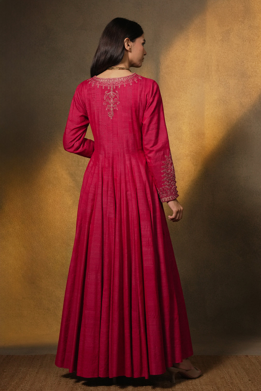 Hot Pink Hand Embroidered Tussar Silk Gown