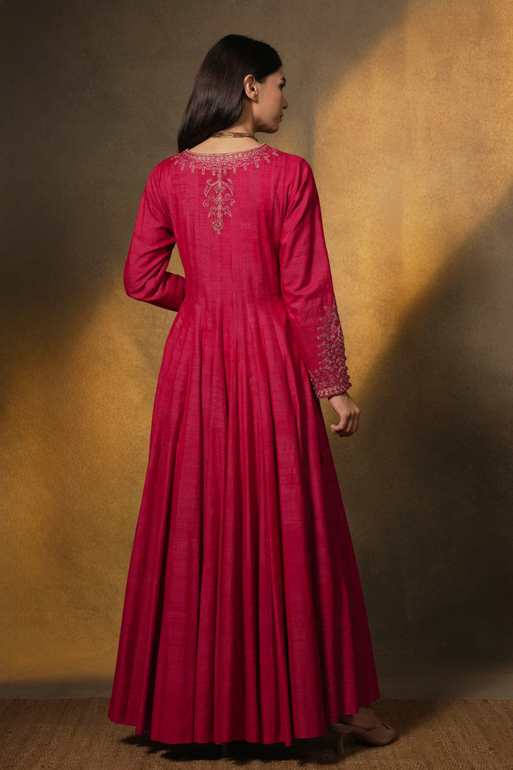 Hot Pink Hand Embroidered Tussar Silk Gown