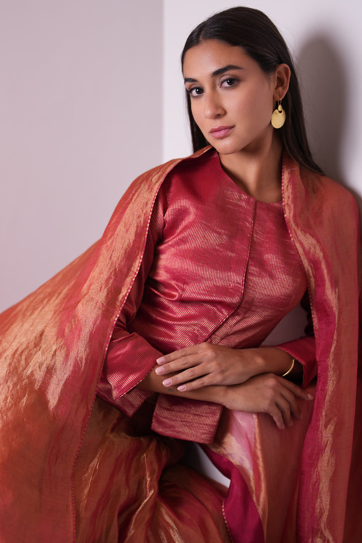 Maroon Stripe Tissue Blouse with Lehenga and Dupatta