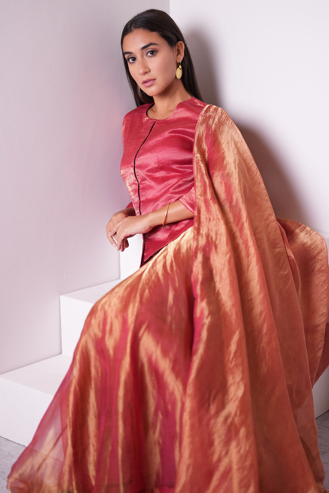 Maroon Stripe Tissue Blouse with Lehenga and Dupatta