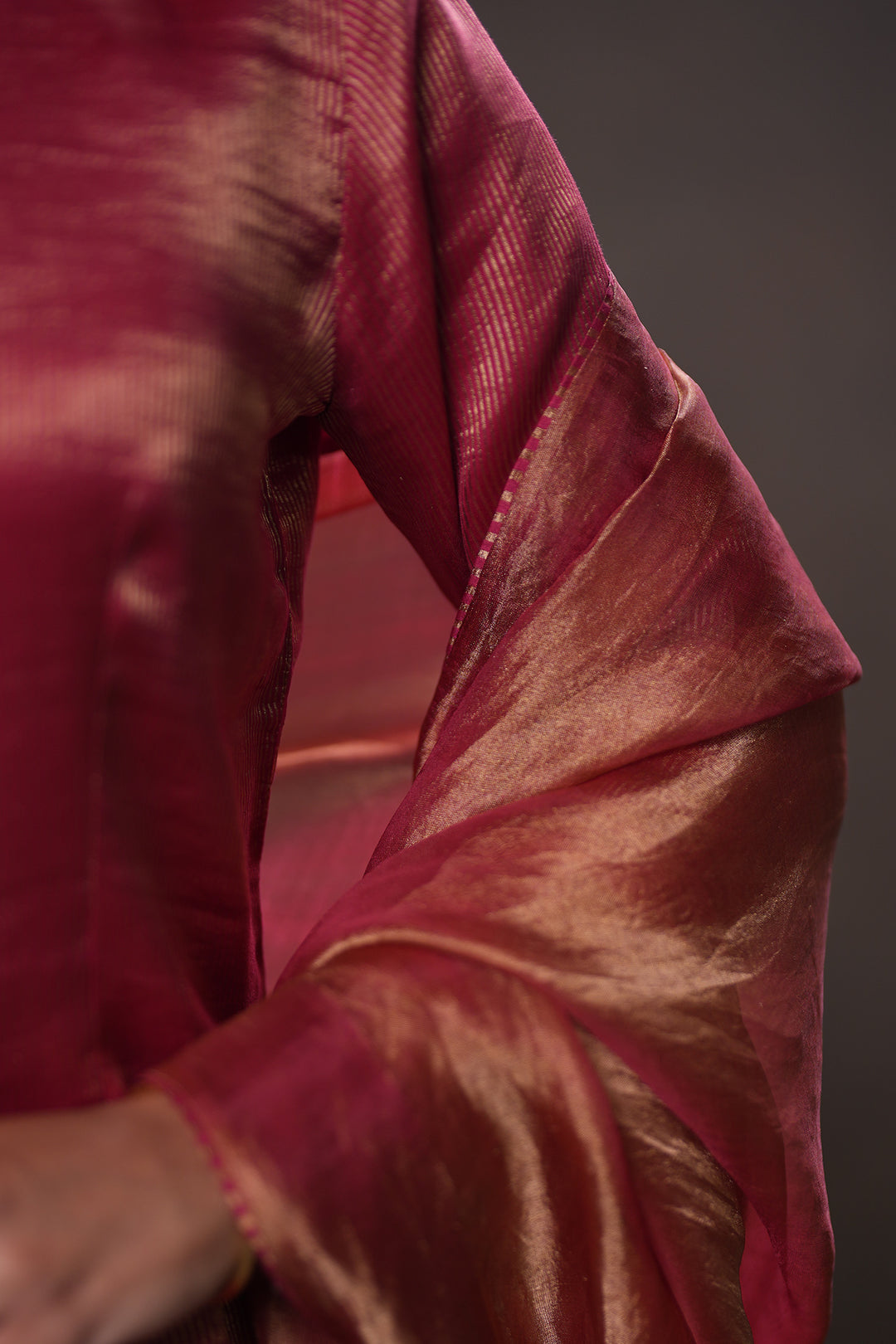 Maroon Stripe Tissue Blouse with Lehenga and Dupatta