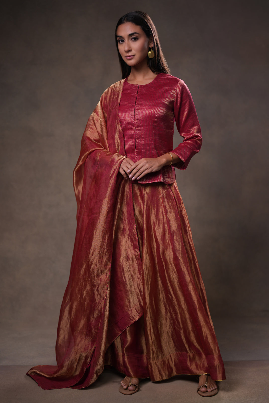 Maroon Stripe Tissue Blouse with Lehenga and Dupatta