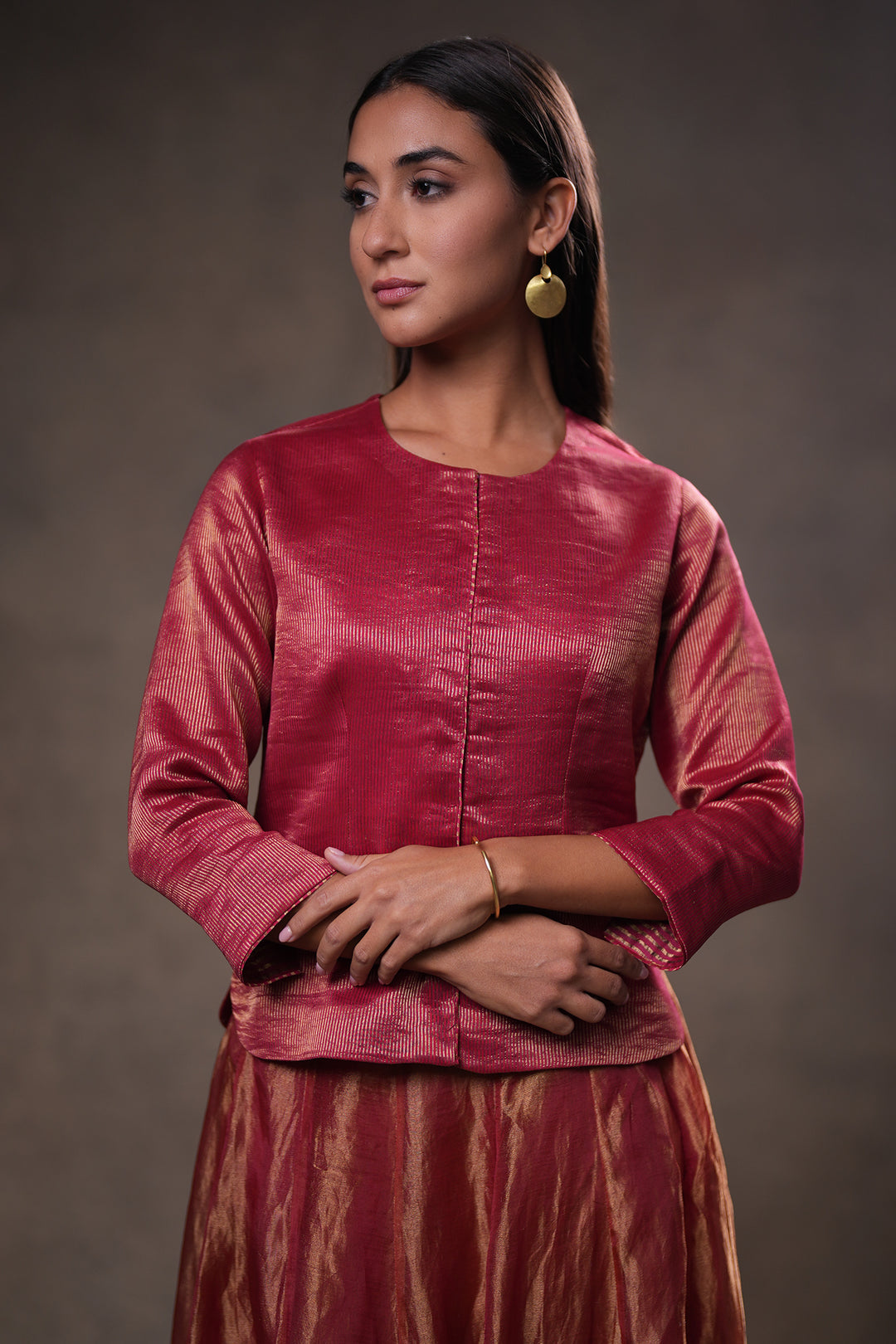 Maroon Stripe Tissue Blouse with Lehenga and Dupatta