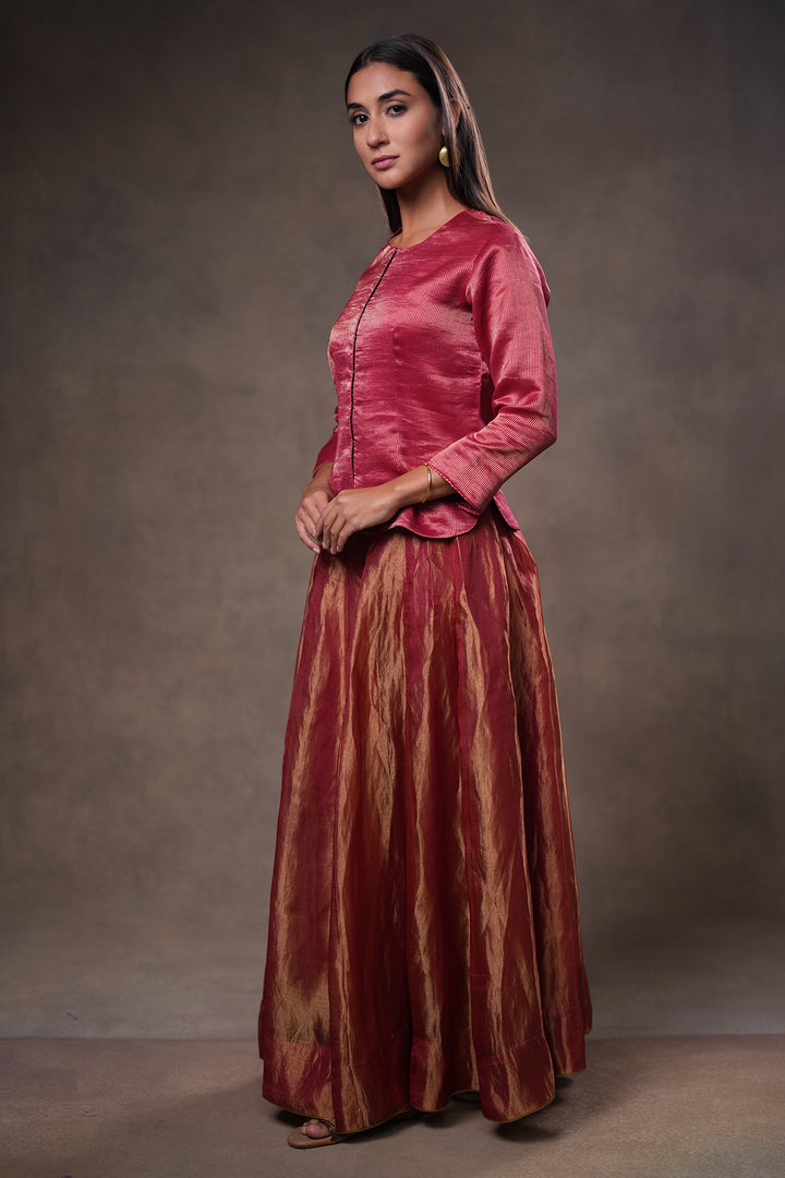 Maroon Stripe Tissue Blouse with Lehenga and Dupatta