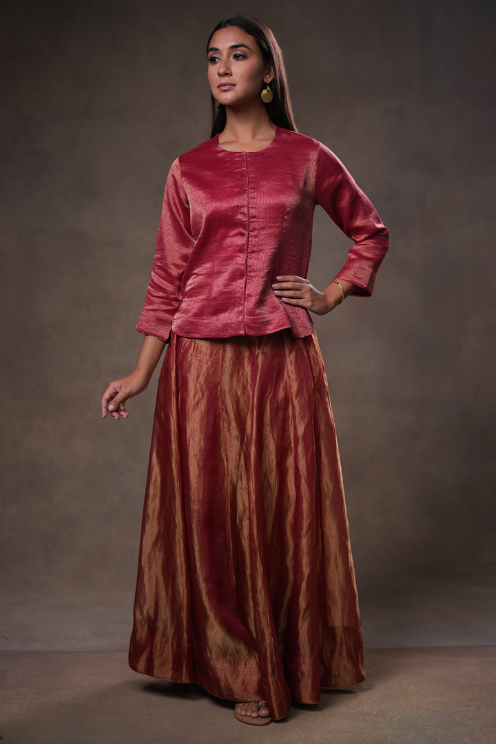 Maroon Stripe Tissue Blouse with Lehenga and Dupatta