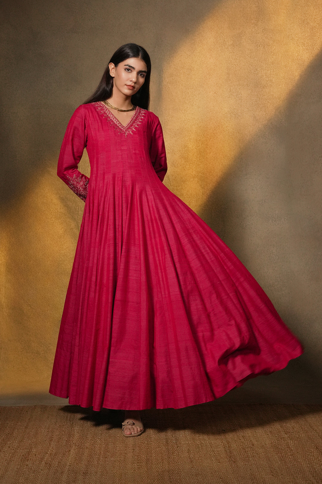 Hot Pink Hand Embroidered Tussar Silk Gown