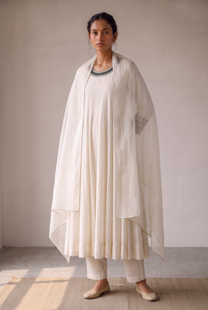 Off White & Black Embroidered Cotton Silk Kurta Set