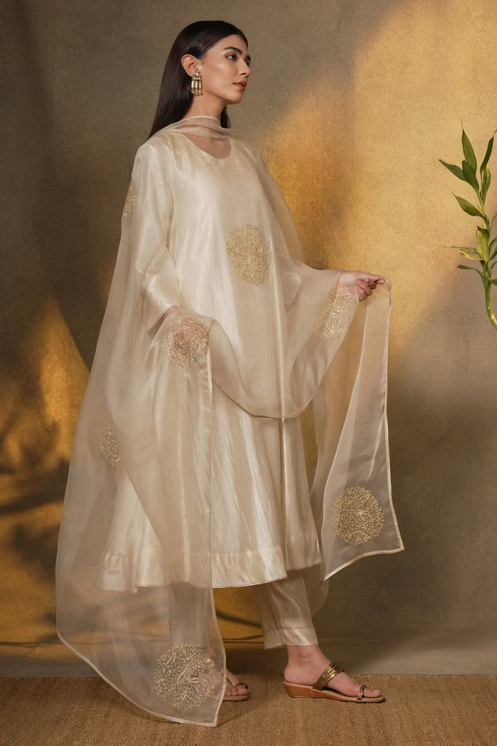 Natural Embroidered Silk Kurta with Pants and Organza Dupatta