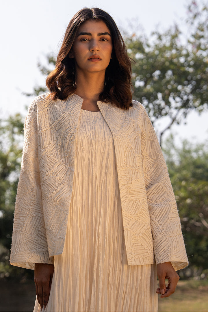 Natural Crinkled Chanderi Dress with Textured Embroidered Jacket