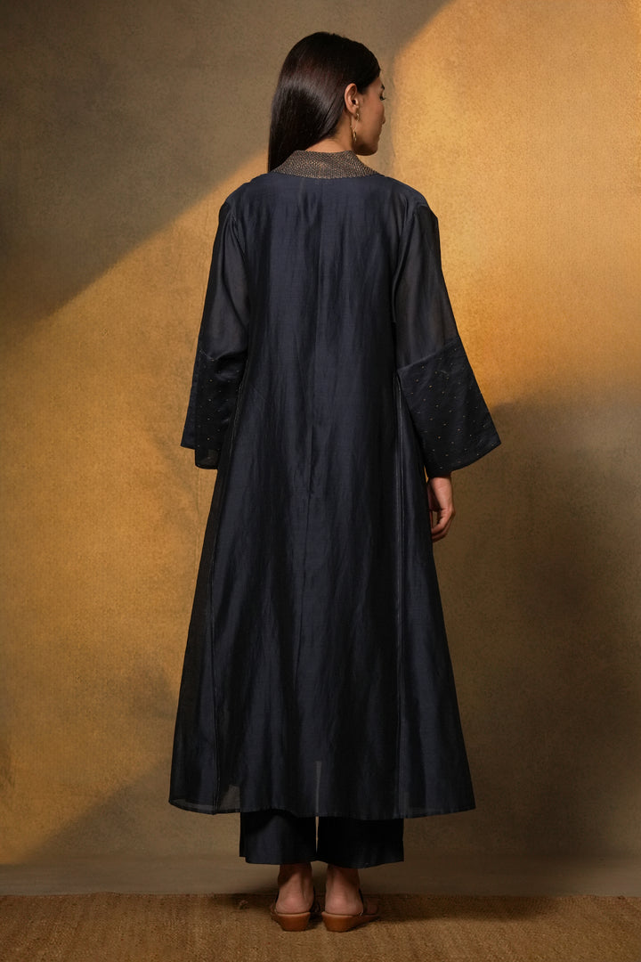 Navy Embroidered Chanderi Cape with Slip and Pants